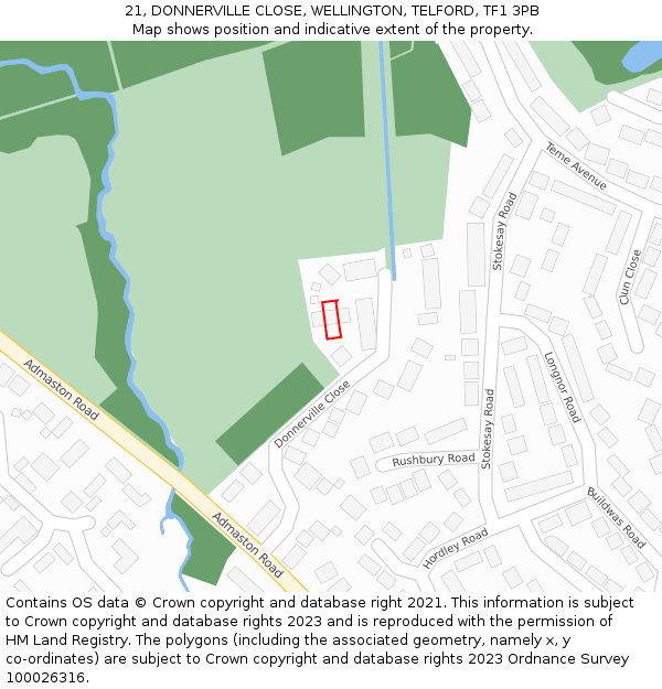 21, DONNERVILLE CLOSE, WELLINGTON, TELFORD, TF1 3PB: Location map and indicative extent of plot