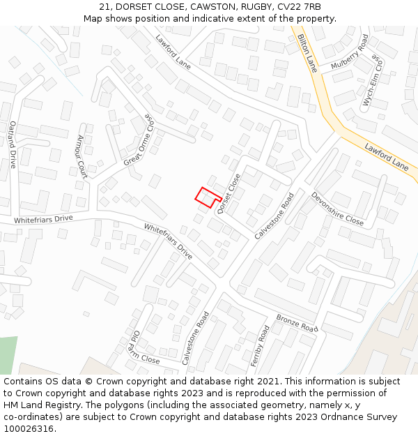 21, DORSET CLOSE, CAWSTON, RUGBY, CV22 7RB: Location map and indicative extent of plot