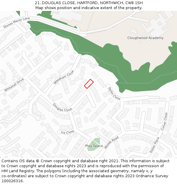 21, DOUGLAS CLOSE, HARTFORD, NORTHWICH, CW8 1SH: Location map and indicative extent of plot