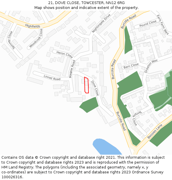 21, DOVE CLOSE, TOWCESTER, NN12 6RG: Location map and indicative extent of plot