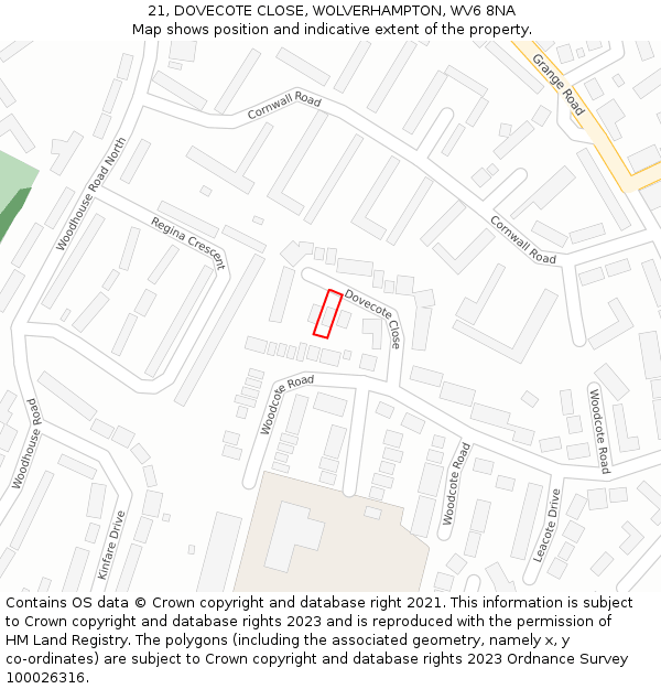 21, DOVECOTE CLOSE, WOLVERHAMPTON, WV6 8NA: Location map and indicative extent of plot