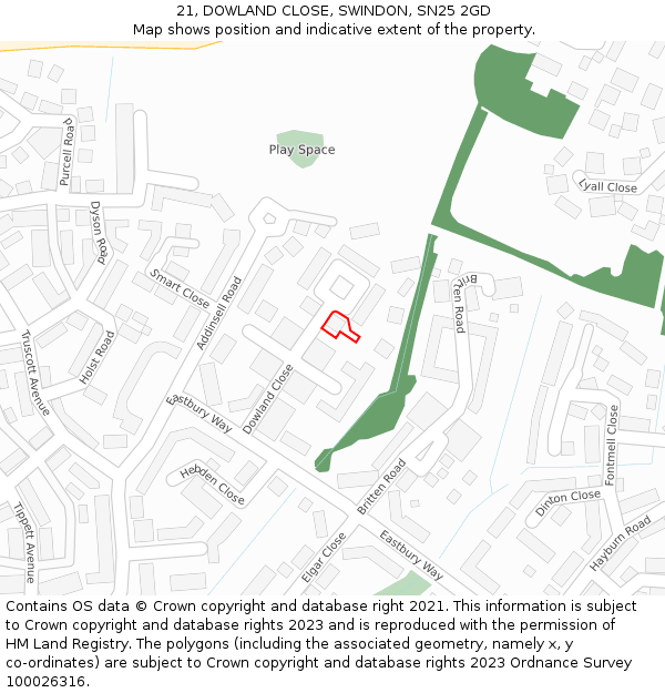 21, DOWLAND CLOSE, SWINDON, SN25 2GD: Location map and indicative extent of plot