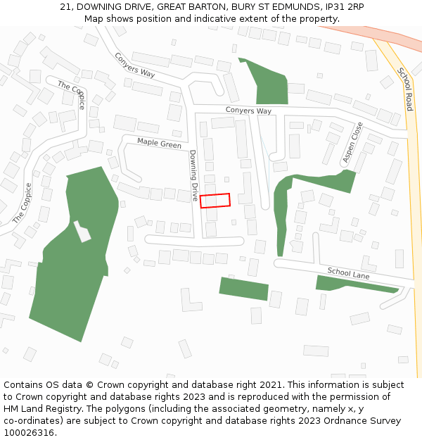 21, DOWNING DRIVE, GREAT BARTON, BURY ST EDMUNDS, IP31 2RP: Location map and indicative extent of plot