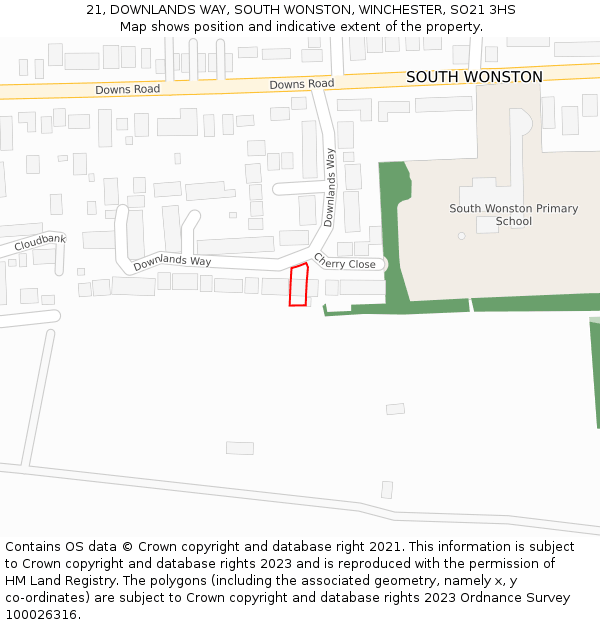 21, DOWNLANDS WAY, SOUTH WONSTON, WINCHESTER, SO21 3HS: Location map and indicative extent of plot