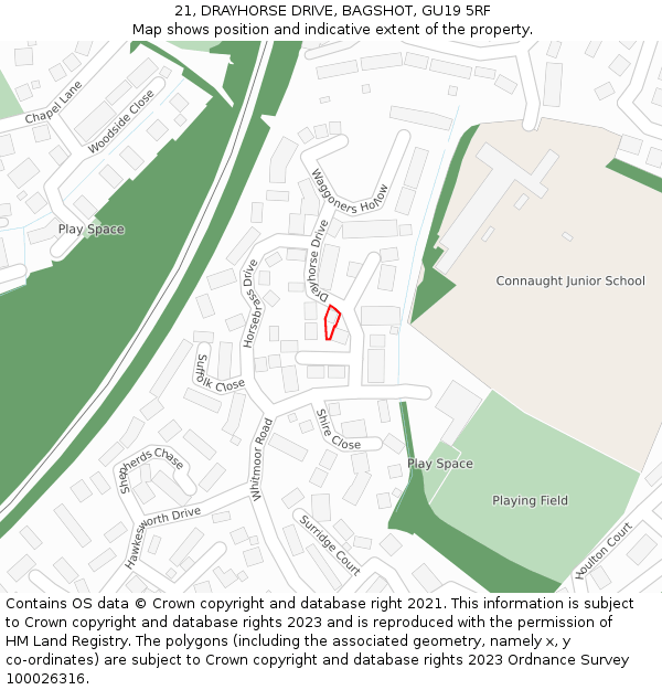 21, DRAYHORSE DRIVE, BAGSHOT, GU19 5RF: Location map and indicative extent of plot