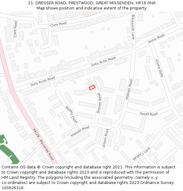 21, DRESSER ROAD, PRESTWOOD, GREAT MISSENDEN, HP16 0NA: Location map and indicative extent of plot