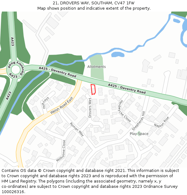 21, DROVERS WAY, SOUTHAM, CV47 1FW: Location map and indicative extent of plot