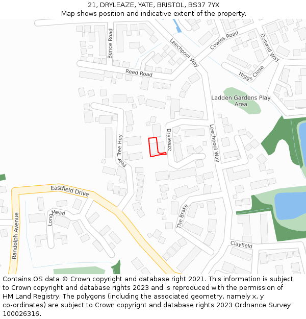 21, DRYLEAZE, YATE, BRISTOL, BS37 7YX: Location map and indicative extent of plot