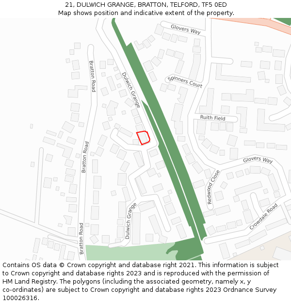 21, DULWICH GRANGE, BRATTON, TELFORD, TF5 0ED: Location map and indicative extent of plot