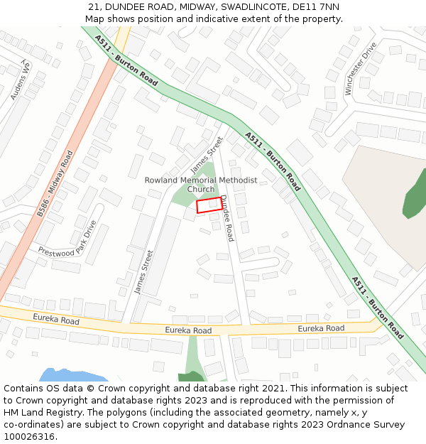 21, DUNDEE ROAD, MIDWAY, SWADLINCOTE, DE11 7NN: Location map and indicative extent of plot