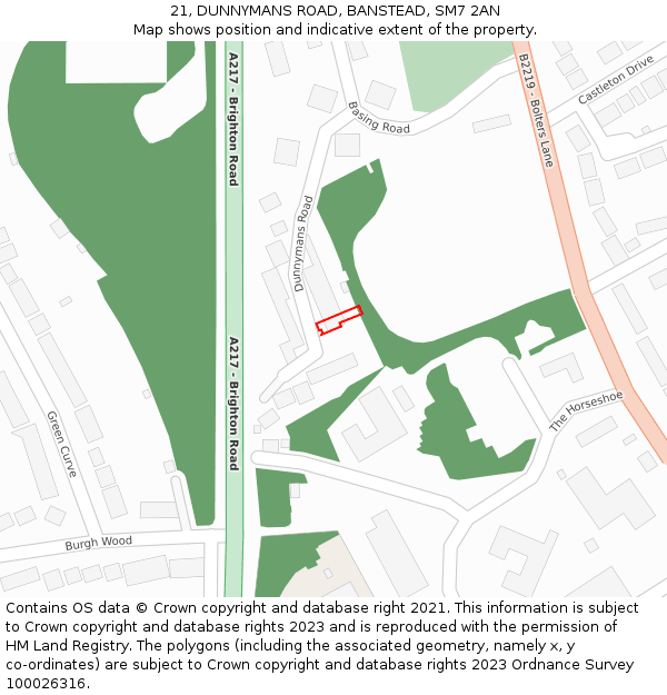 21, DUNNYMANS ROAD, BANSTEAD, SM7 2AN: Location map and indicative extent of plot