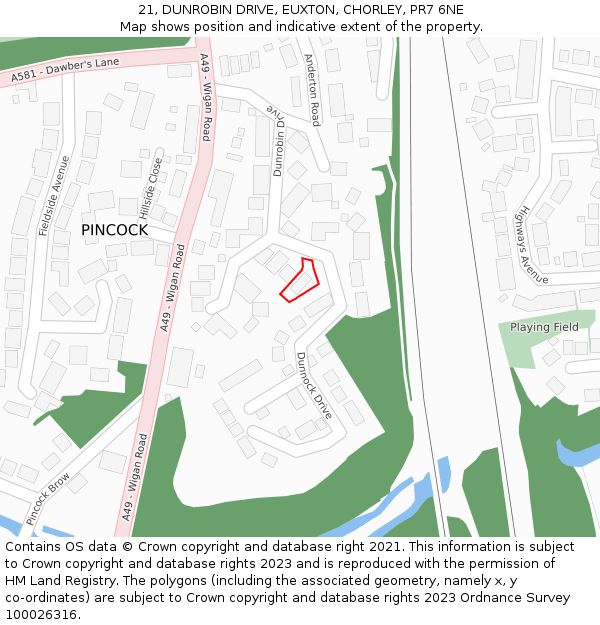 21, DUNROBIN DRIVE, EUXTON, CHORLEY, PR7 6NE: Location map and indicative extent of plot