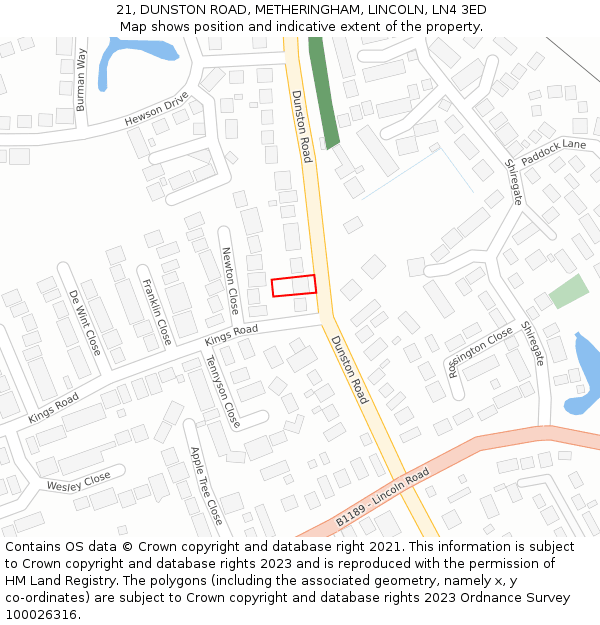 21, DUNSTON ROAD, METHERINGHAM, LINCOLN, LN4 3ED: Location map and indicative extent of plot
