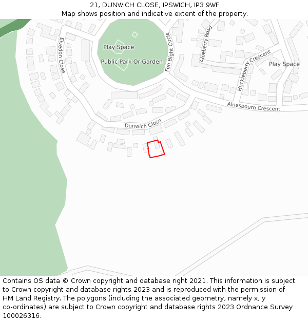 21, DUNWICH CLOSE, IPSWICH, IP3 9WF: Location map and indicative extent of plot