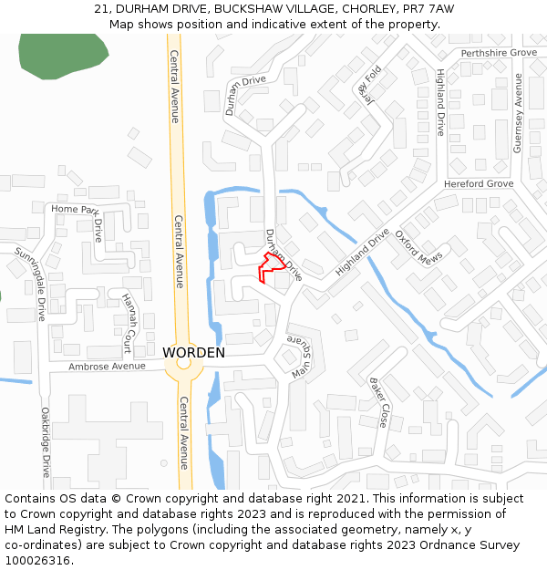 21, DURHAM DRIVE, BUCKSHAW VILLAGE, CHORLEY, PR7 7AW: Location map and indicative extent of plot