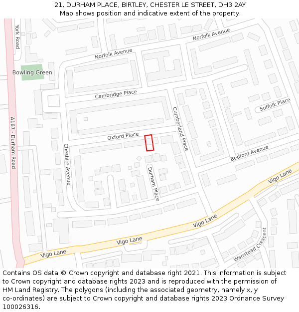 21, DURHAM PLACE, BIRTLEY, CHESTER LE STREET, DH3 2AY: Location map and indicative extent of plot