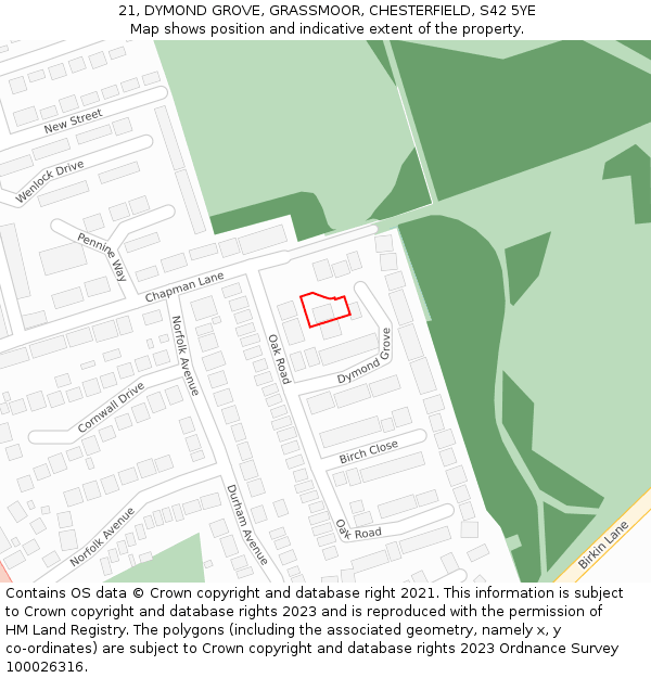 21, DYMOND GROVE, GRASSMOOR, CHESTERFIELD, S42 5YE: Location map and indicative extent of plot