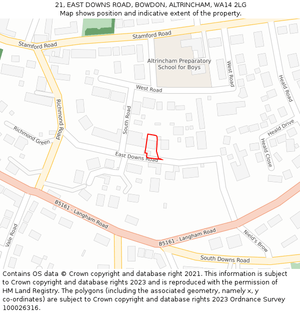 21, EAST DOWNS ROAD, BOWDON, ALTRINCHAM, WA14 2LG: Location map and indicative extent of plot