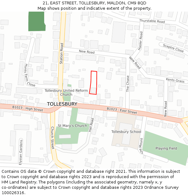 21, EAST STREET, TOLLESBURY, MALDON, CM9 8QD: Location map and indicative extent of plot