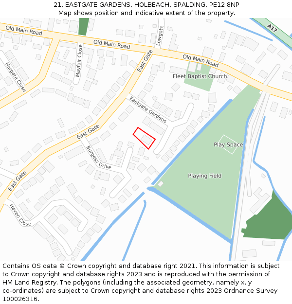 21, EASTGATE GARDENS, HOLBEACH, SPALDING, PE12 8NP: Location map and indicative extent of plot