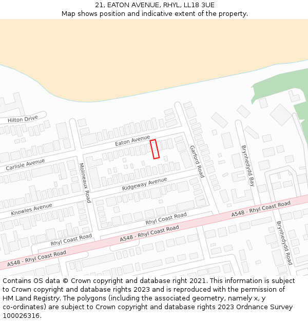 21, EATON AVENUE, RHYL, LL18 3UE: Location map and indicative extent of plot