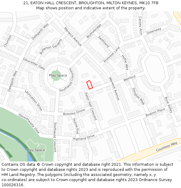 21, EATON HALL CRESCENT, BROUGHTON, MILTON KEYNES, MK10 7FB: Location map and indicative extent of plot