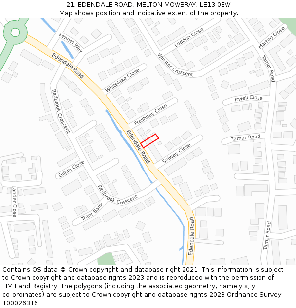 21, EDENDALE ROAD, MELTON MOWBRAY, LE13 0EW: Location map and indicative extent of plot