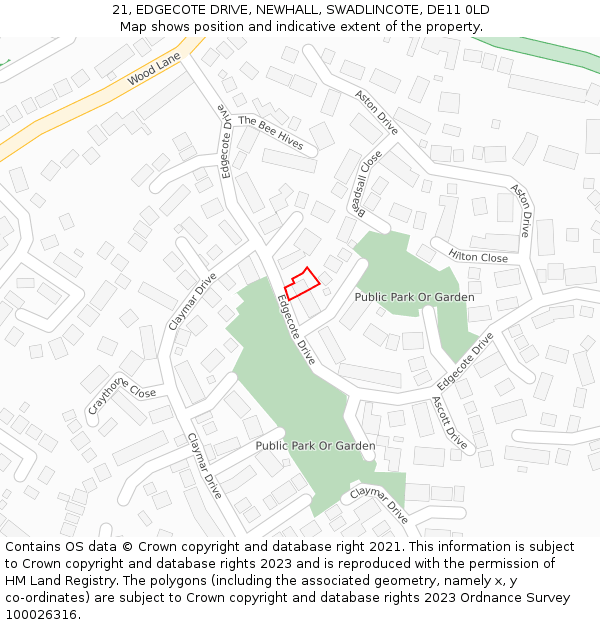 21, EDGECOTE DRIVE, NEWHALL, SWADLINCOTE, DE11 0LD: Location map and indicative extent of plot