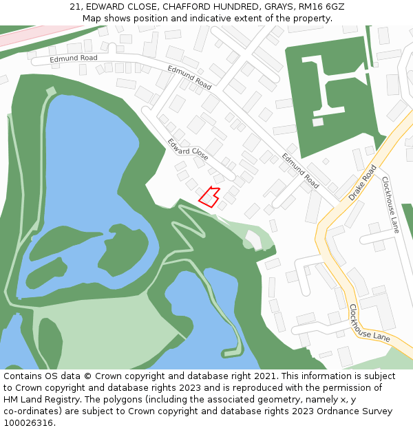 21, EDWARD CLOSE, CHAFFORD HUNDRED, GRAYS, RM16 6GZ: Location map and indicative extent of plot