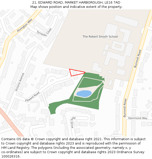 21, EDWARD ROAD, MARKET HARBOROUGH, LE16 7AD: Location map and indicative extent of plot