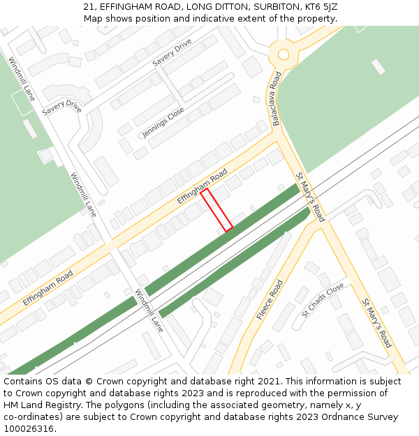 21, EFFINGHAM ROAD, LONG DITTON, SURBITON, KT6 5JZ: Location map and indicative extent of plot