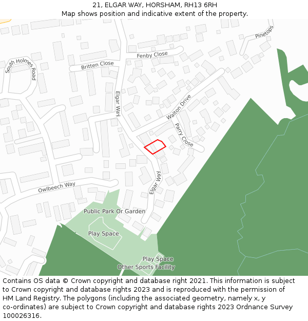 21, ELGAR WAY, HORSHAM, RH13 6RH: Location map and indicative extent of plot