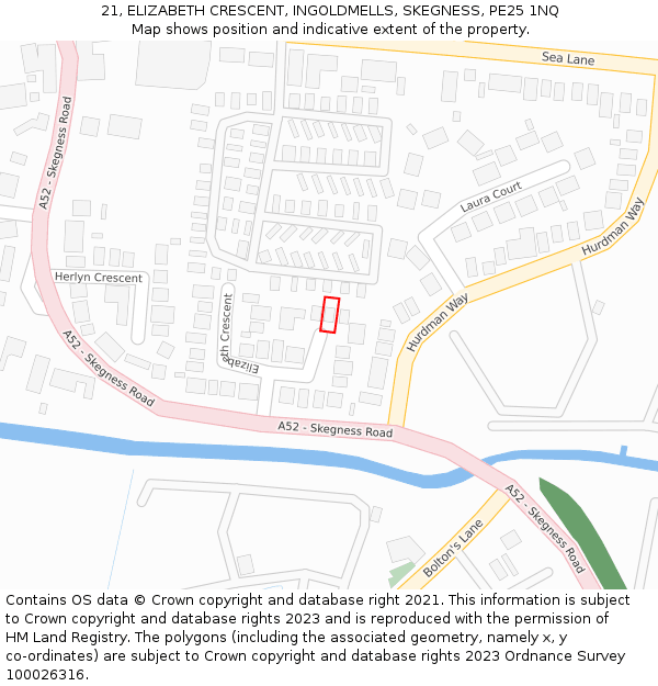 21, ELIZABETH CRESCENT, INGOLDMELLS, SKEGNESS, PE25 1NQ: Location map and indicative extent of plot