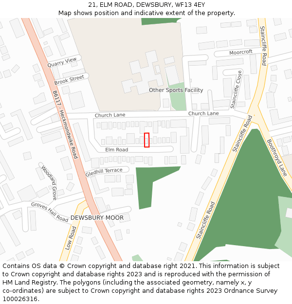 21, ELM ROAD, DEWSBURY, WF13 4EY: Location map and indicative extent of plot