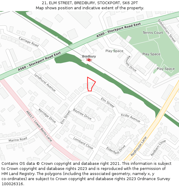 21, ELM STREET, BREDBURY, STOCKPORT, SK6 2PT: Location map and indicative extent of plot