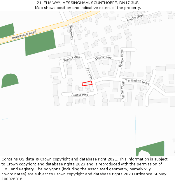 21, ELM WAY, MESSINGHAM, SCUNTHORPE, DN17 3UR: Location map and indicative extent of plot