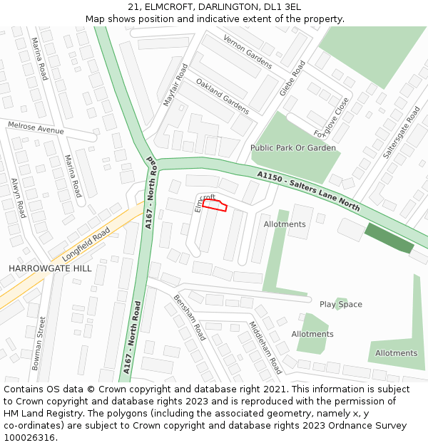 21, ELMCROFT, DARLINGTON, DL1 3EL: Location map and indicative extent of plot