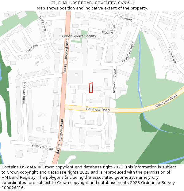 21, ELMHURST ROAD, COVENTRY, CV6 6JU: Location map and indicative extent of plot