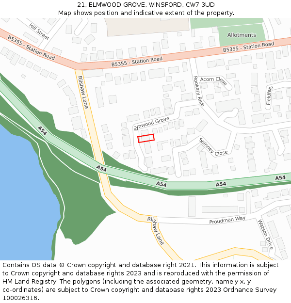 21, ELMWOOD GROVE, WINSFORD, CW7 3UD: Location map and indicative extent of plot