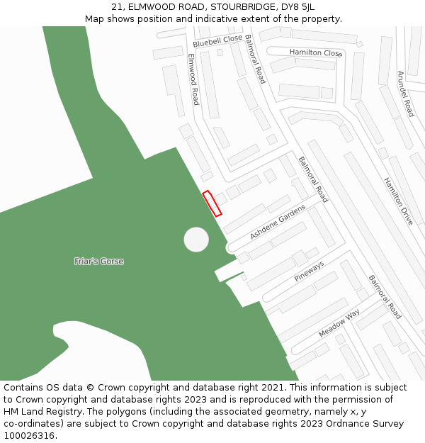 21, ELMWOOD ROAD, STOURBRIDGE, DY8 5JL: Location map and indicative extent of plot