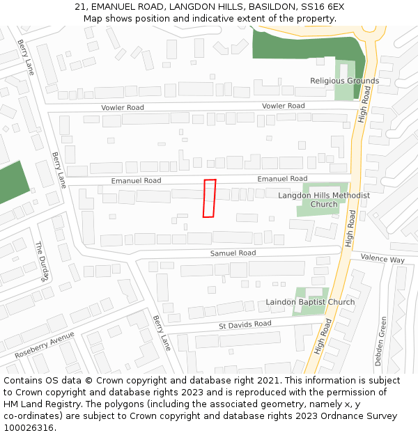 21, EMANUEL ROAD, LANGDON HILLS, BASILDON, SS16 6EX: Location map and indicative extent of plot
