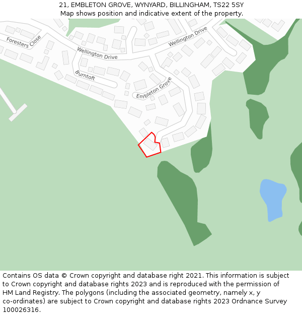 21, EMBLETON GROVE, WYNYARD, BILLINGHAM, TS22 5SY: Location map and indicative extent of plot