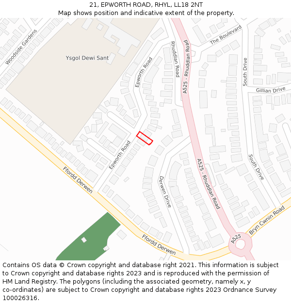 21, EPWORTH ROAD, RHYL, LL18 2NT: Location map and indicative extent of plot