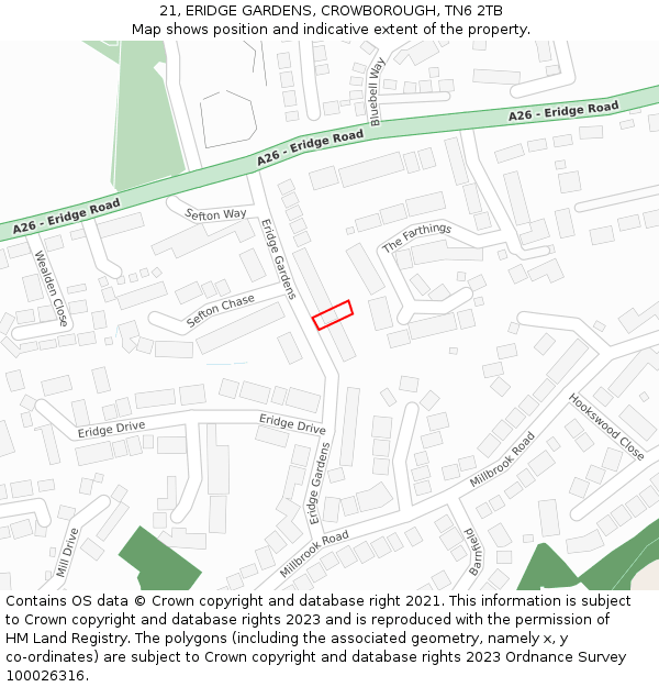 21, ERIDGE GARDENS, CROWBOROUGH, TN6 2TB: Location map and indicative extent of plot