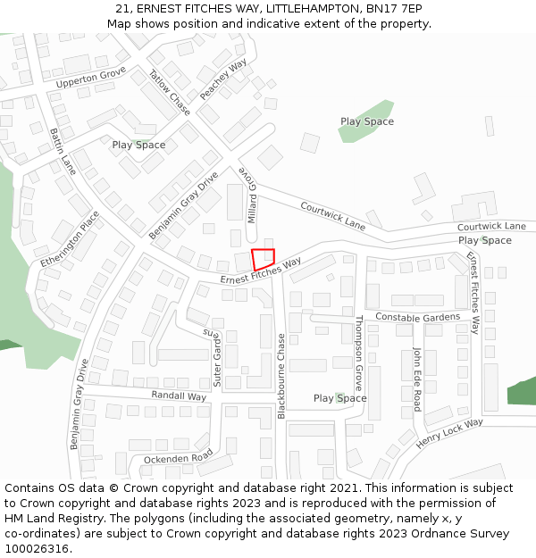 21, ERNEST FITCHES WAY, LITTLEHAMPTON, BN17 7EP: Location map and indicative extent of plot