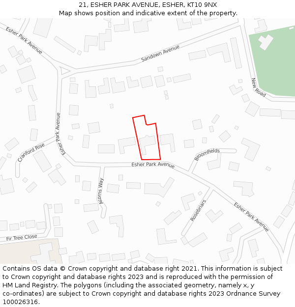 21, ESHER PARK AVENUE, ESHER, KT10 9NX: Location map and indicative extent of plot