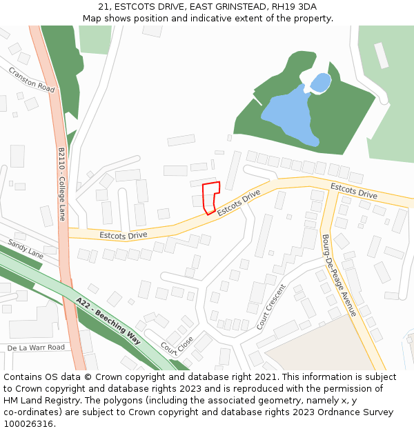 21, ESTCOTS DRIVE, EAST GRINSTEAD, RH19 3DA: Location map and indicative extent of plot