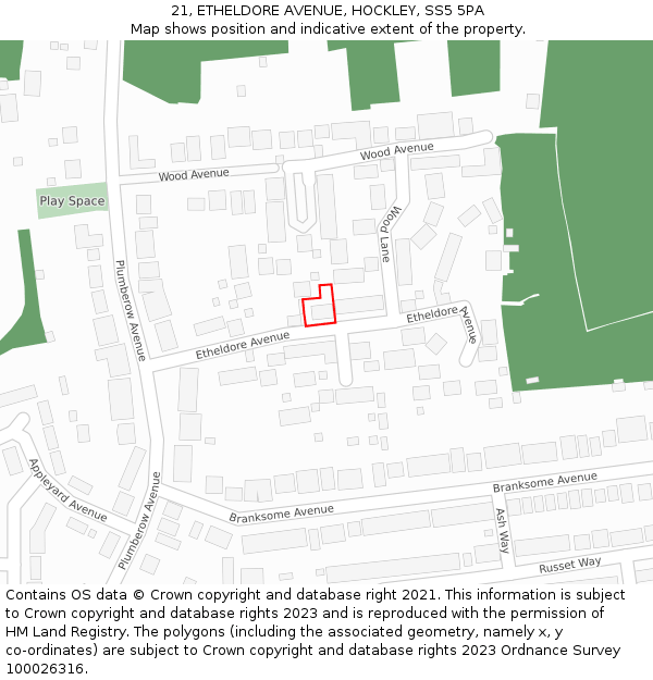 21, ETHELDORE AVENUE, HOCKLEY, SS5 5PA: Location map and indicative extent of plot