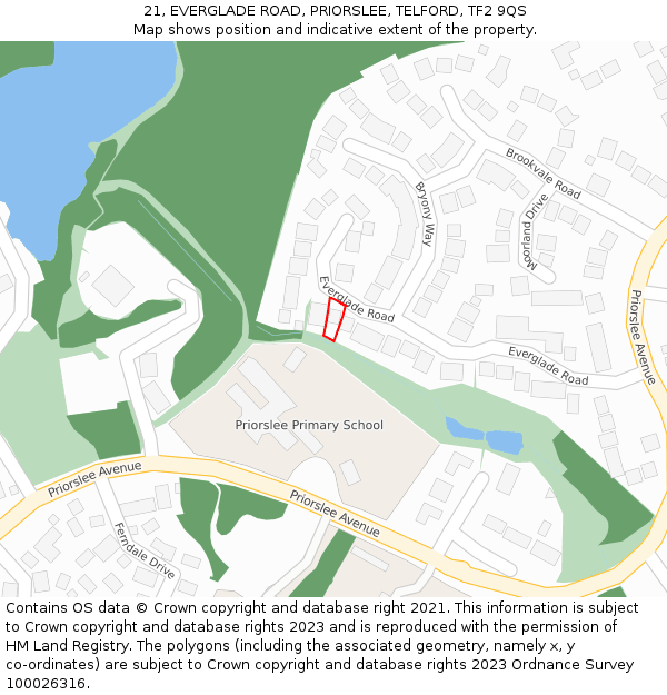 21, EVERGLADE ROAD, PRIORSLEE, TELFORD, TF2 9QS: Location map and indicative extent of plot