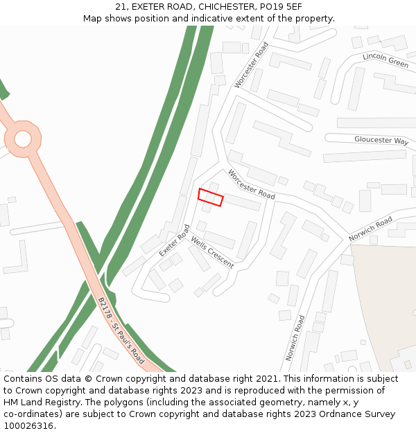 21, EXETER ROAD, CHICHESTER, PO19 5EF: Location map and indicative extent of plot